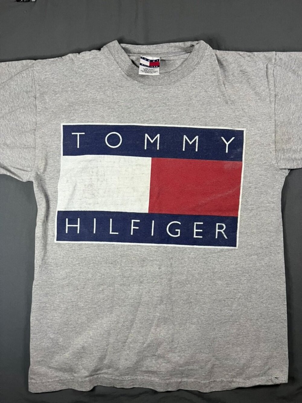 Vintage Tommy Hilfiger Shirt Mens XL Gray Big Flag Graphic Logo Made in USA Y2K